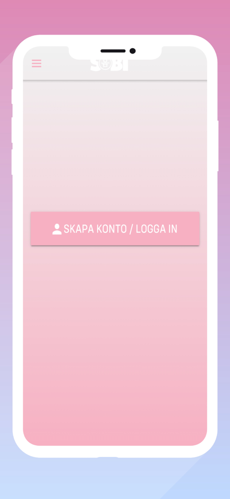 Sobi - Sobiモバイルアプリのログインと登録画面。ピンクのボタン付き。