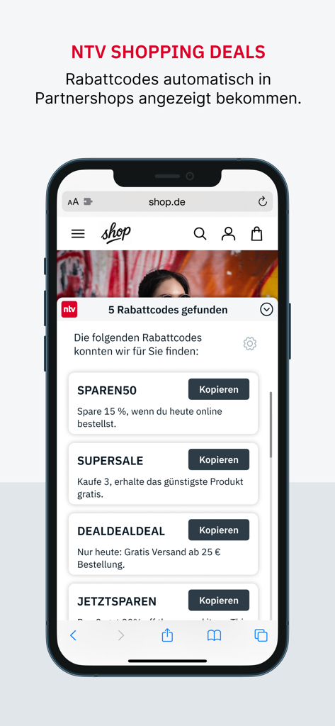 Ein Smartphone-Bildschirm, der ntv-Shopping-Angebote und Rabattcodes für Online-Shops anzeigt
