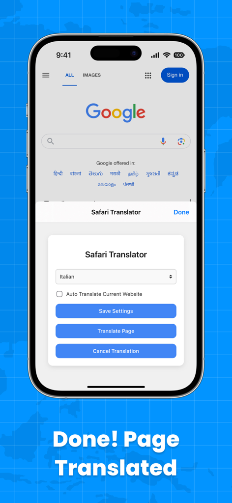 AI Translator for Web Pages - KI-Übersetzer Safari-Erweiterungsoberfläche, die eine Option zur Seitenübersetzung in einem mobilen Browser anzeigt