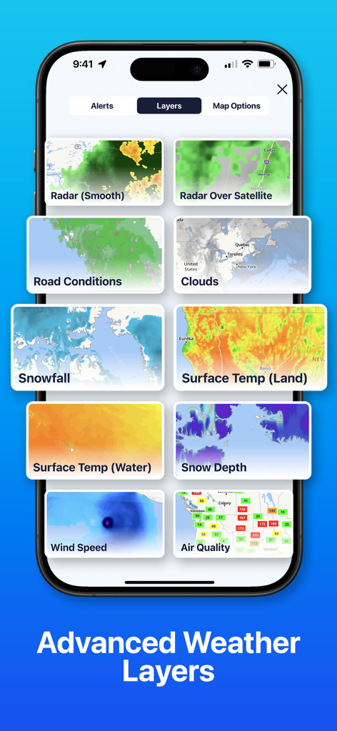 Pantalla de la aplicación móvil que muestra varias capas de mapas meteorológicos como radar, nevadas, velocidad del viento y calidad del aire