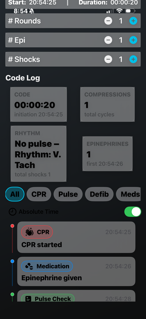Real-time resuscitation event log in the Code Blue Narrator app showing CPR timers and medication tracking.