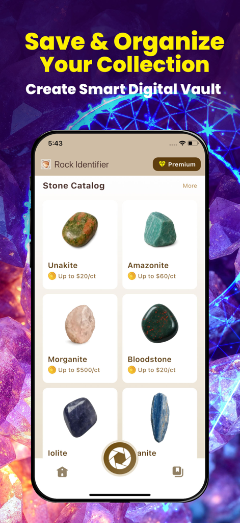 Rock Identifier: Stone Checker - Screenshot of the Rock Identifier app showing a digital catalog of saved stones and crystals with their market values