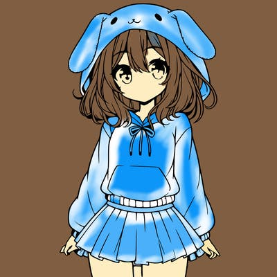 pretty anime girl wearing a fluffy hoodie with bunny ears on the hood and a skirt
