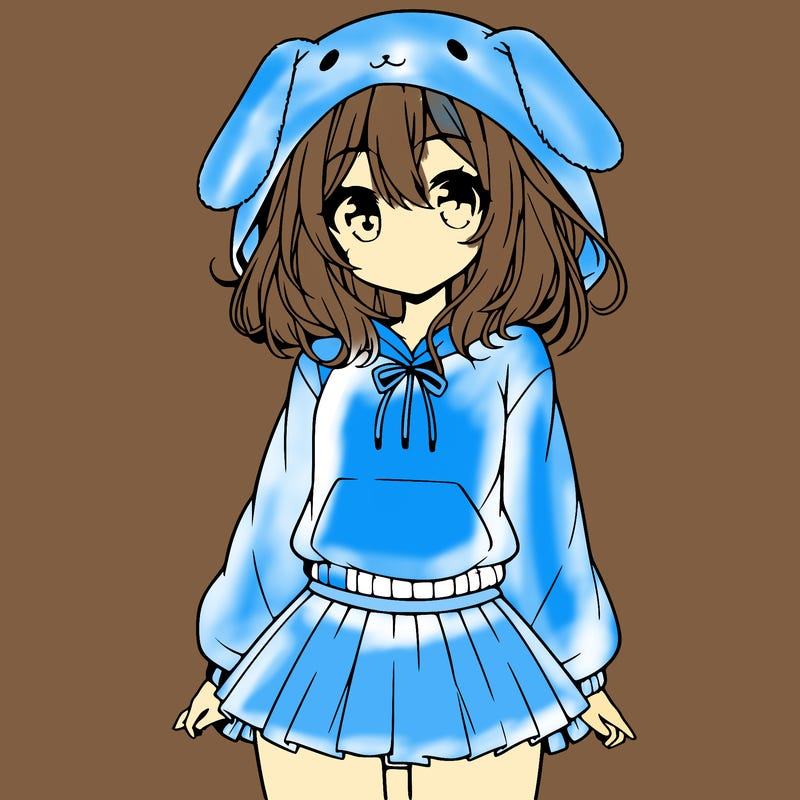 pretty anime girl wearing a fluffy hoodie with bunny ears on the hood and a skirt