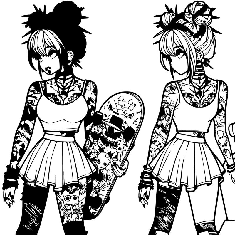 anime girl hair in a bun lots of tattos and puercings holding a skateboard wearing a skirt and a tanktop at an skate park