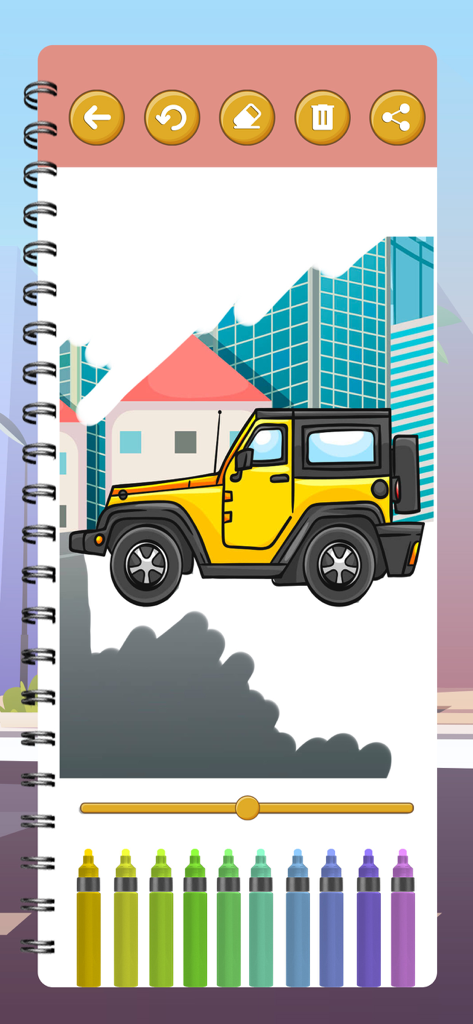 Cars Coloring Book and Pages - Digital coloring page showing a yellow SUV car with a set of colored markers at the bottom