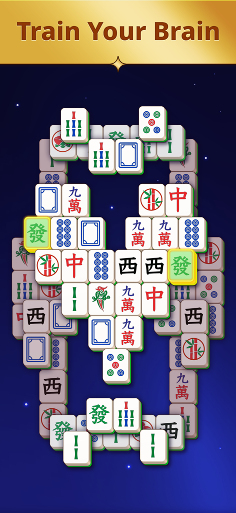 Un tablero de puzzle clásico de solitario Mahjong con fichas grandes sobre un fondo estrellado y un encabezado que dice Entrena Tu Cerebro.