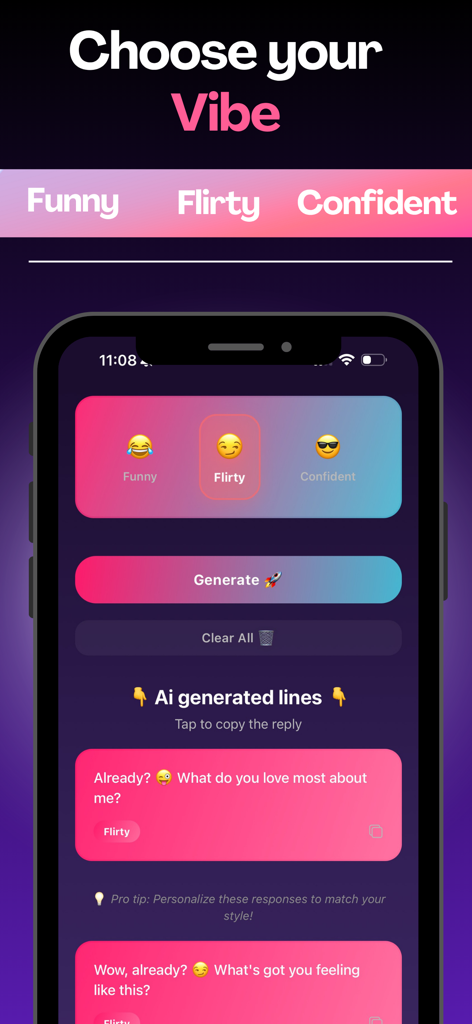 W Rizz: AI Dating Assistant - Interfaz de la aplicación W Rizz mostrando opciones para generar respuestas de IA divertidas, coquetas o seguras