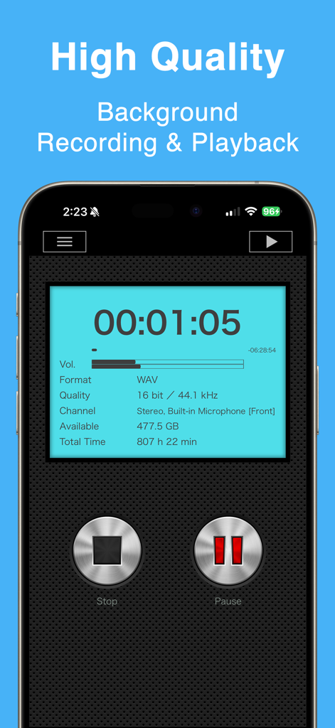 PCM Recorder Lite - PCM Recorder Lite app screen showing high quality background recording in WAV format.