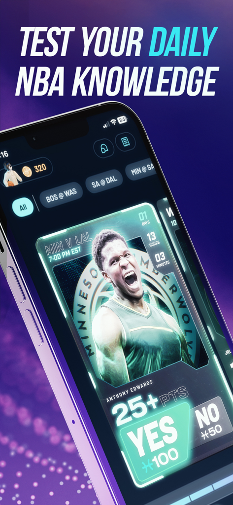 V.O.A.T. - V.O.A.T. mobile app screen featuring an NBA player prediction card for daily knowledge tests
