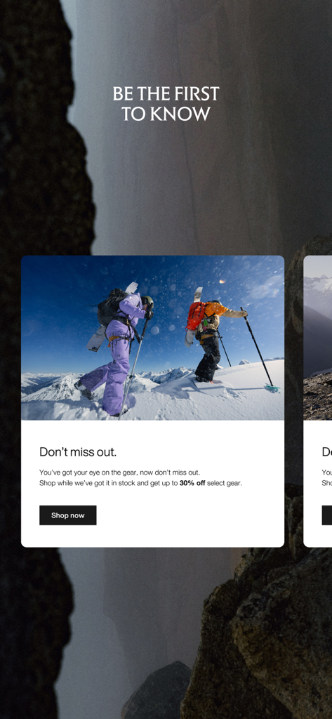 Arc'teryx - Outdoor Gear Shop - Arc'teryx app notification screen featuring skiers on a mountain and a sale alert