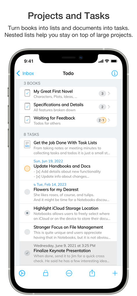 Notebooks – Write and Organize - Smartphone screen showing project organization and task lists in the Notebooks app