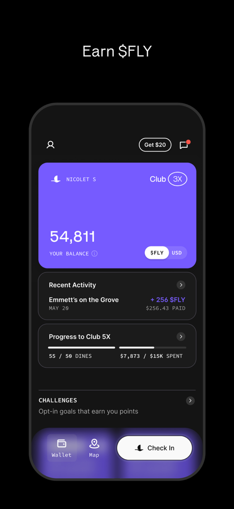 Blackbird app wallet showing $FLY balance and dining rewards activity