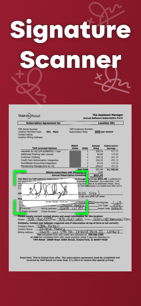 Signature Scanner - Esign App - Smartphone screen showing the Signature Scanner app capturing a handwritten signature from a printed business form