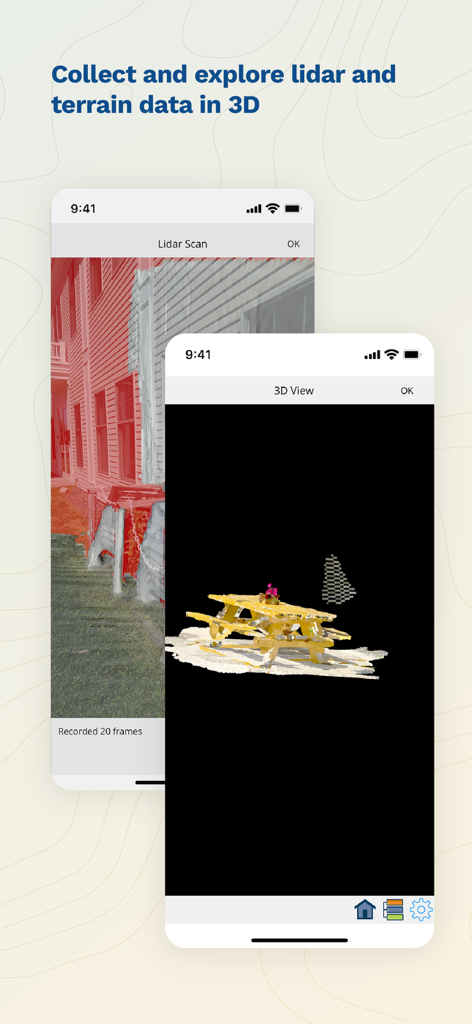 Global Mapper Mobile - Global Mapper Mobile app interface showing a lidar scan and 3D terrain visualization on a smartphone