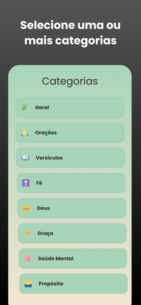 Biblia Diária - Tela do aplicativo Bíblia Diária mostrando um menu para selecionar categorias religiosas como orações e versículos.