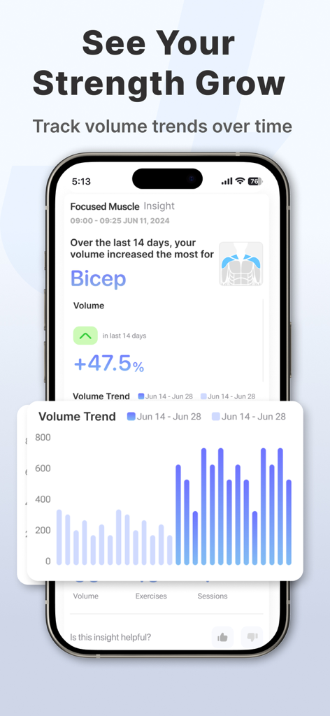 JEFIT Workout Plan Gym Tracker - JEFIT app screen showing a bar chart of muscle volume trends and strength progress analytics