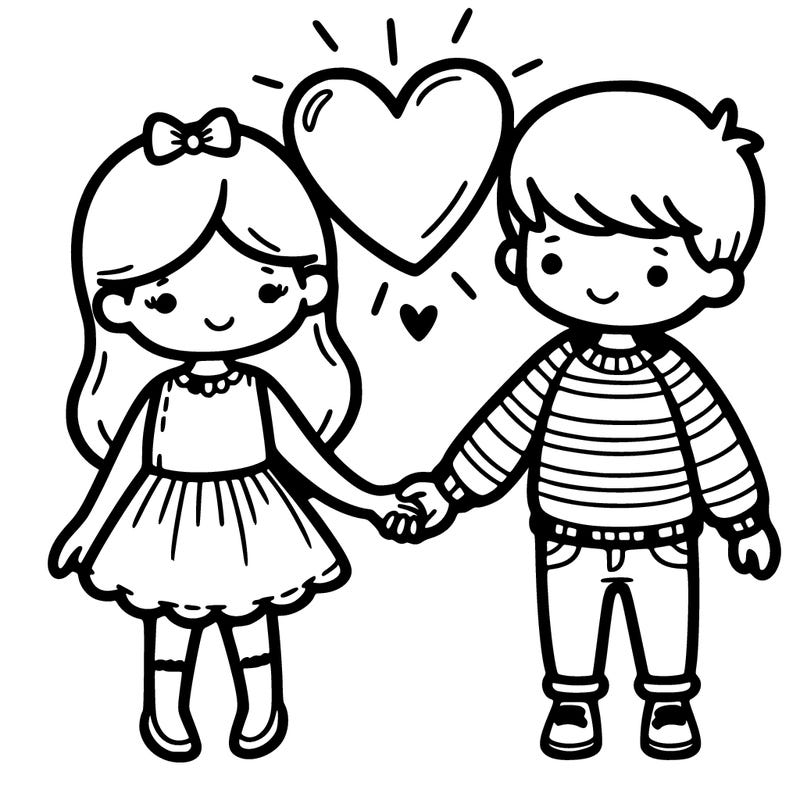 a girl holding hands with a boy with a big heart on top