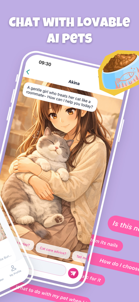 Cutie AI: Roleplay Fantasy - A chat interface from the Cutie AI app featuring an anime girl holding a cat with the headline Chat With Lovable AI Pets.