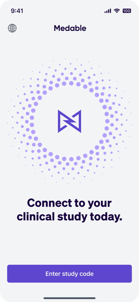 Medable - Medable app welcome screen for clinical studies with enter study code button
