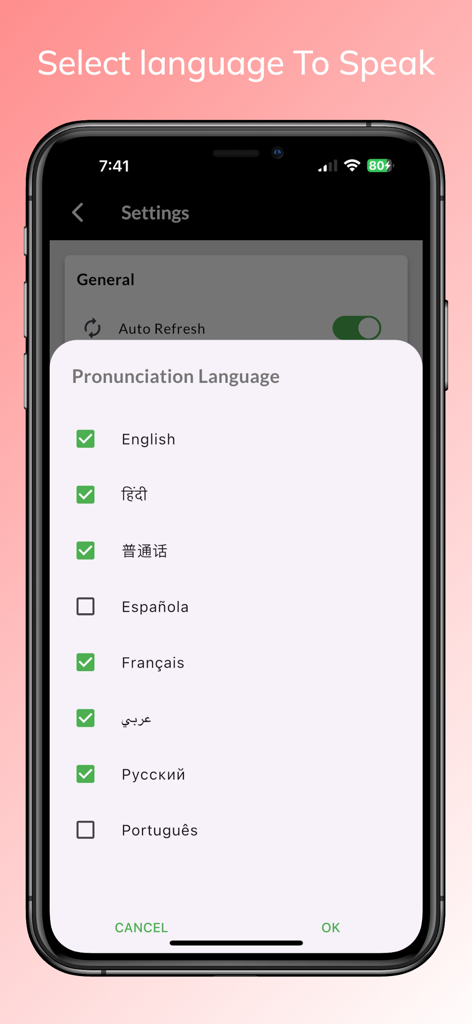 Animal Sounds - With Birds - Pantalla de selección de idioma de pronunciación multilingüe en la aplicación Sonidos de Animales