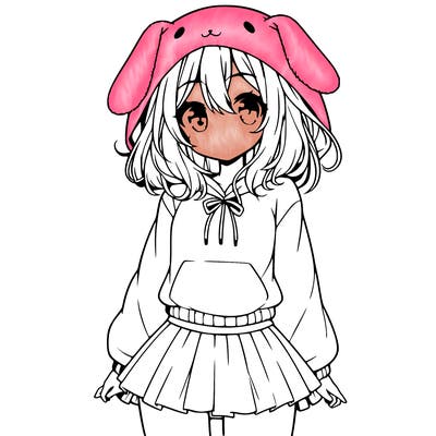 pretty anime girl wearing a fluffy hoodie with bunny ears on the hood and a skirt