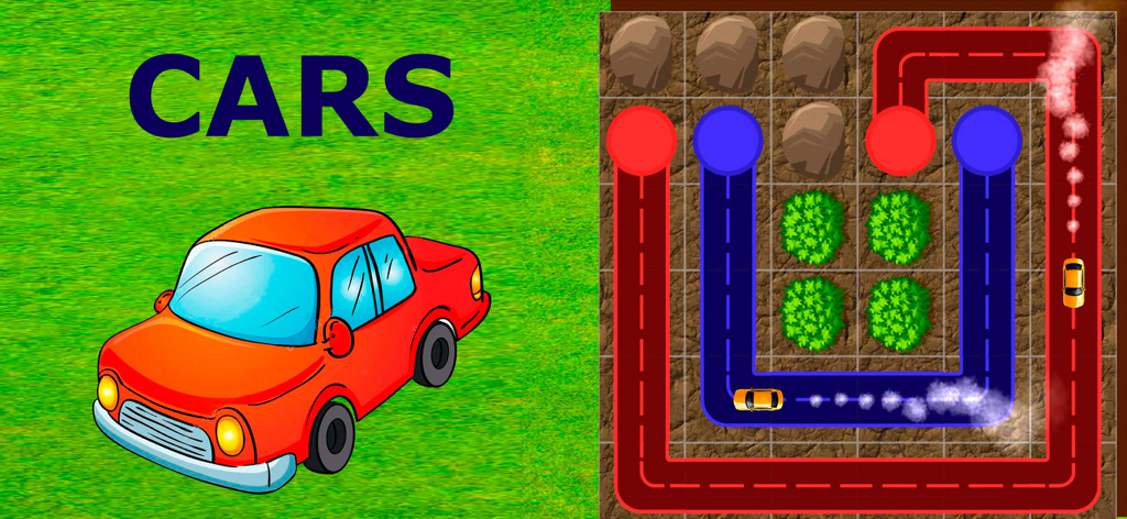 Race Car puzzle games parking - Jugabilidad de un rompecabezas de lógica de coches que muestra caminos de colores y un coche de dibujos animados