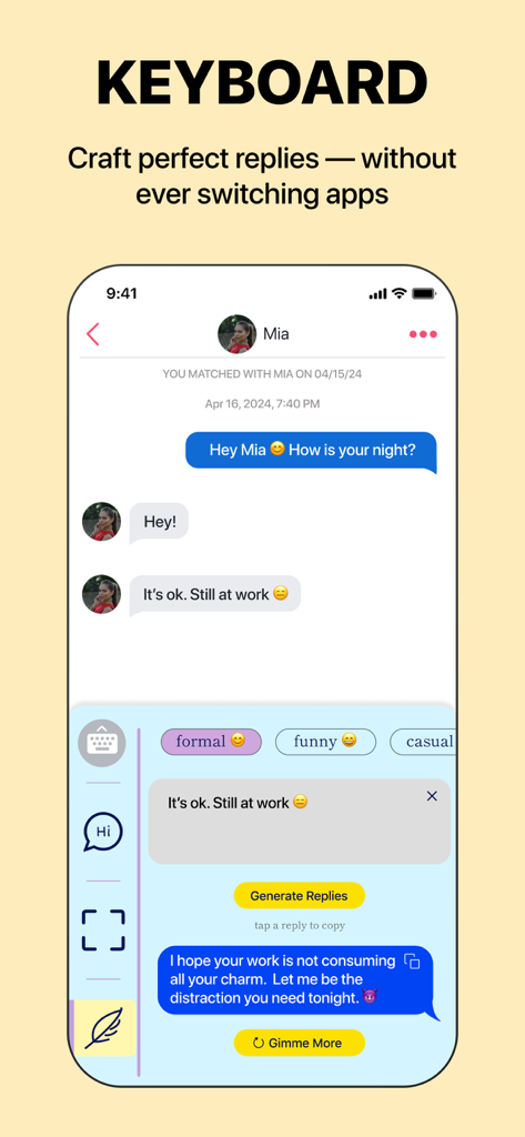 RizzPRO - AI Flirt Keyboard - RizzPRO AI keyboard interface generating flirty responses in a dating app conversation