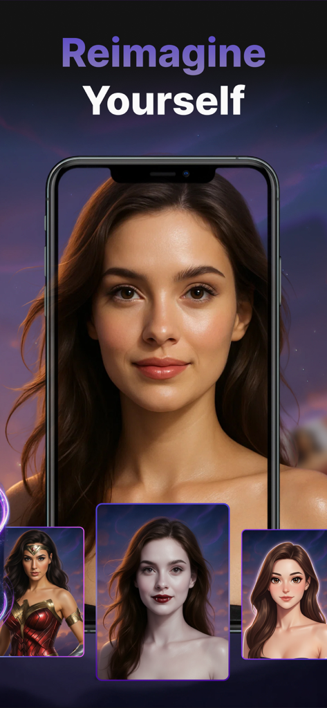 Muse: AI Video,Photo Generator - A smartphone displaying the Muse app interface with various AI-generated portrait transformations including superhero and anime styles