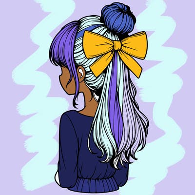 realistic girl  with hip length hair a bun and a big bow on the back of head