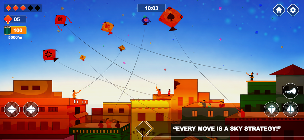 Colorful kites flying above city rooftops in Kite Flying Simulator