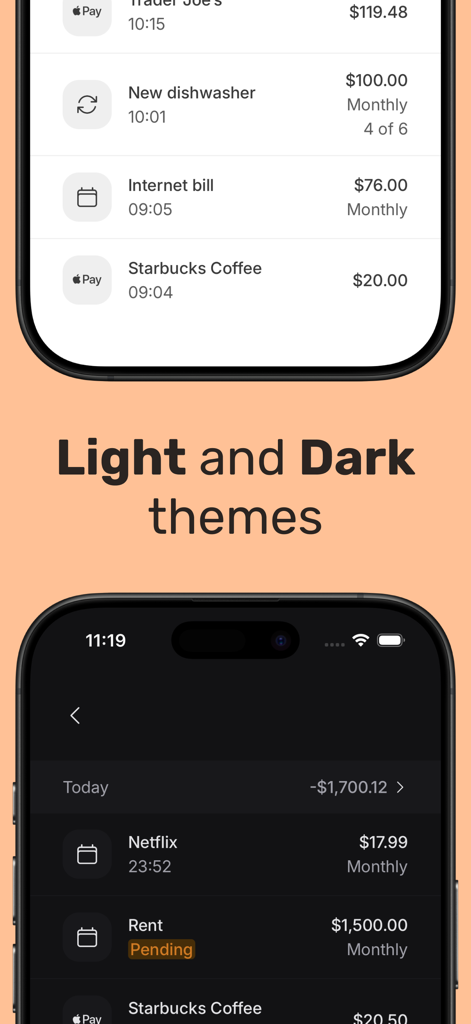Spending Tracker – Bux - Bux spending tracker interface showing light and dark theme options