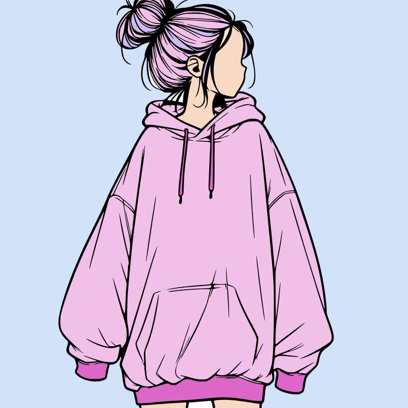 realistic girl with a oversized sweatshirt on and a bun