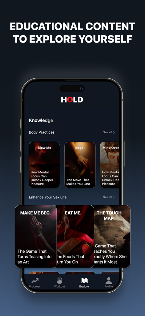 HOLD: Last Longer Kegels - Interface of the HOLD app showing educational articles on male sexual health and performance optimization