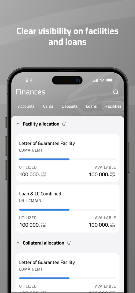 Gulf Bank Corporate Mobile App - Interfaz de la aplicación móvil corporativa de Gulf Bank que muestra los saldos de asignación de líneas de crédito y préstamos