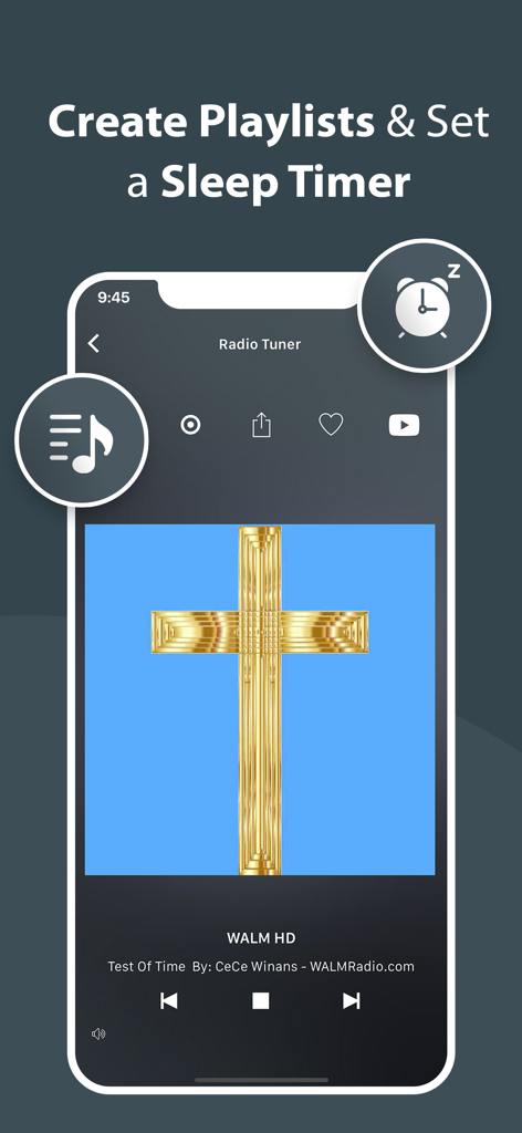 Interfaz de la aplicación Radio Tuner mostrando una emisora de gospel con opciones de lista de reproducción y temporizador de apagado.