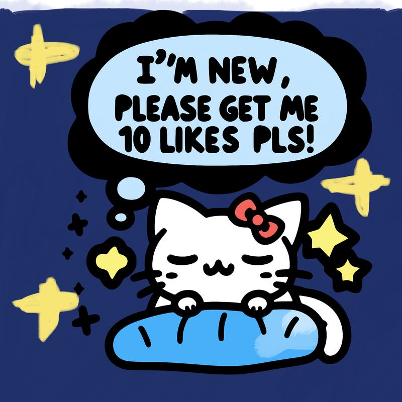 kitty taking a nap dream talking and saying "i'm new, please get me at least 10 likes pls!!"