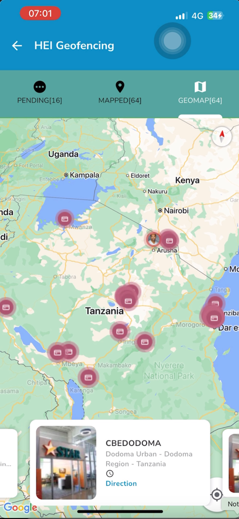 Map view of Higher Education Institutions geofencing in the HESLB Tanzania app