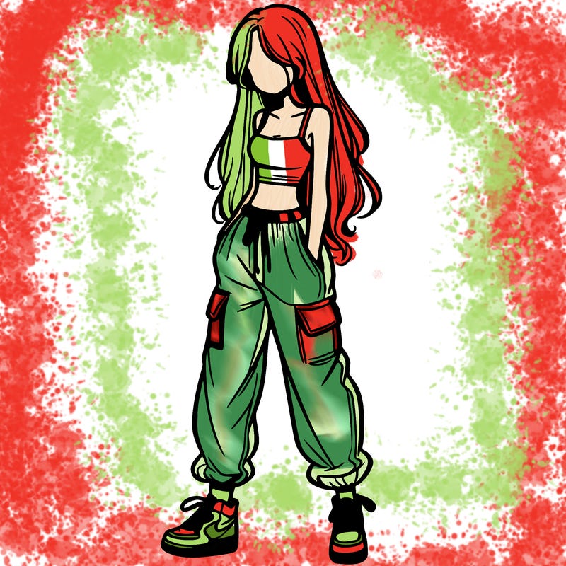 girl in baggy pants crop top and long hair