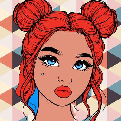 realistic girl with two buns on her hair and lips