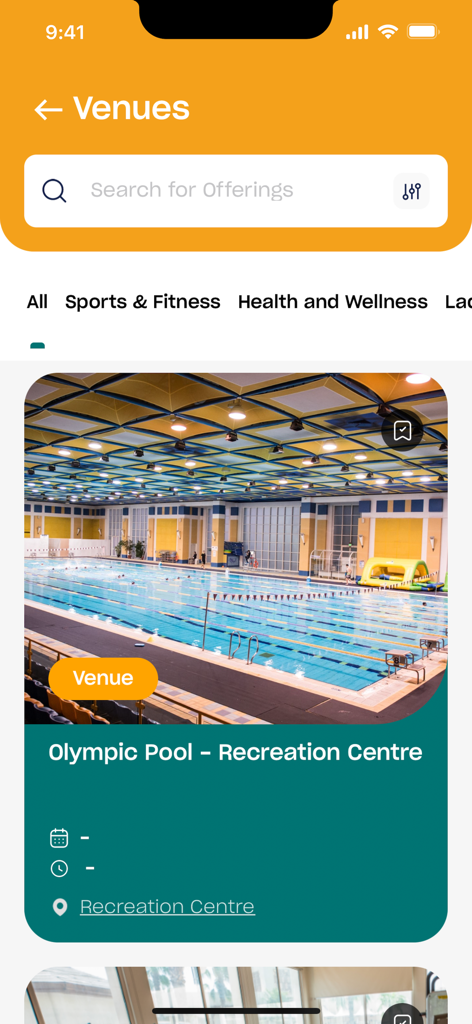 L'écran Lieux de l'application Education City montrant la piscine olympique du centre de recreation.