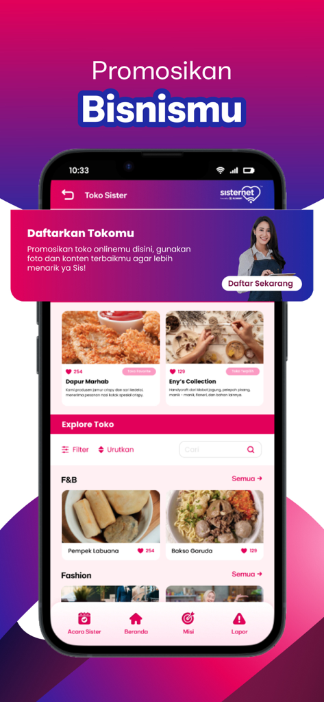 Sisternet - Pantalla Toko Sister de la aplicación Sisternet que muestra opciones para promocionar y buscar pequeñas empresas propiedad de mujeres