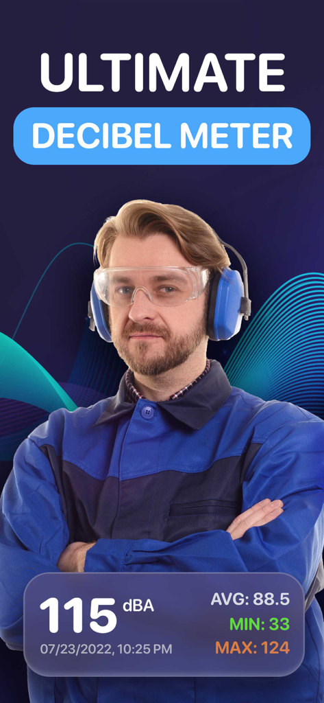 Decibel Meter - Sound Analyzer - A worker in protective gear with a decibel meter interface showing sound levels