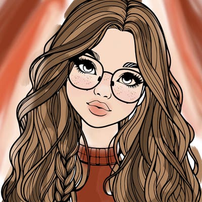girl with long hair and freckles and glasses realistic