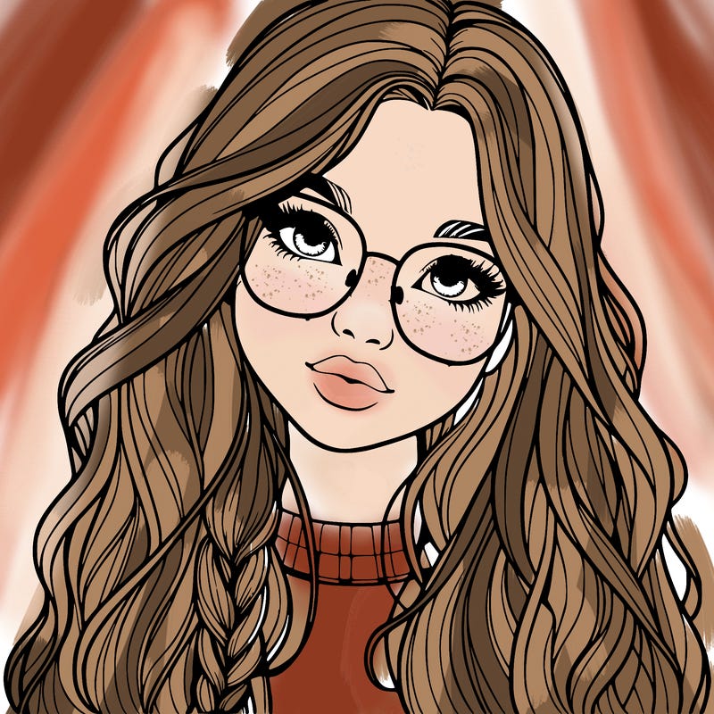 girl with long hair and freckles and glasses realistic