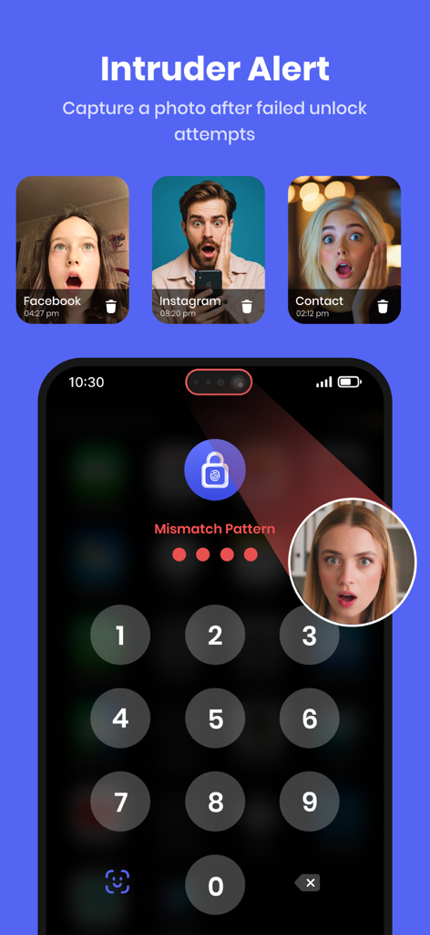 AppLock - App Lock & Guard - Screenshot of the AppLock Intruder Alert feature showing captured photos of unauthorized users after failed unlock attempts.