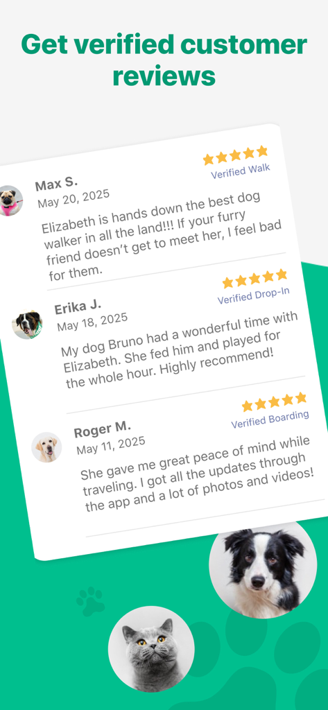 Verified five-star customer reviews for a pet caregiver on the Wag app.