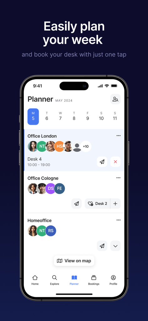 anny bookings - The weekly planner interface of the anny bookings app showing desk reservations for different office locations and home office schedules.
