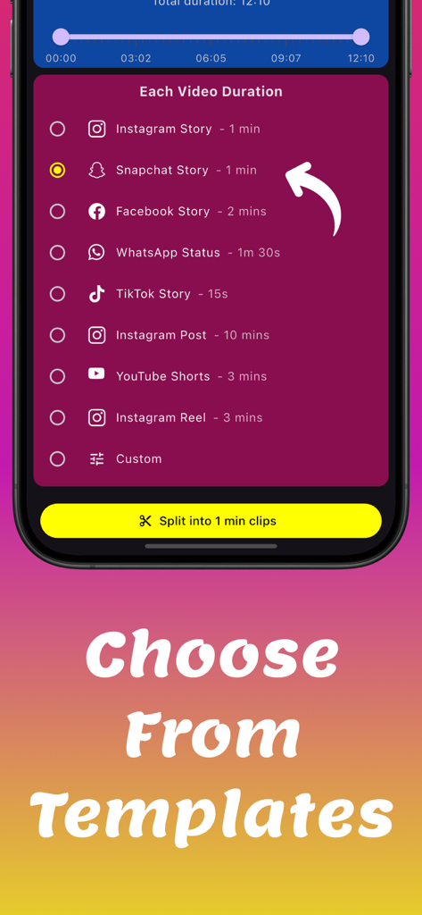 Split Video For Long Story - Interface showing video split duration templates for social media stories and posts