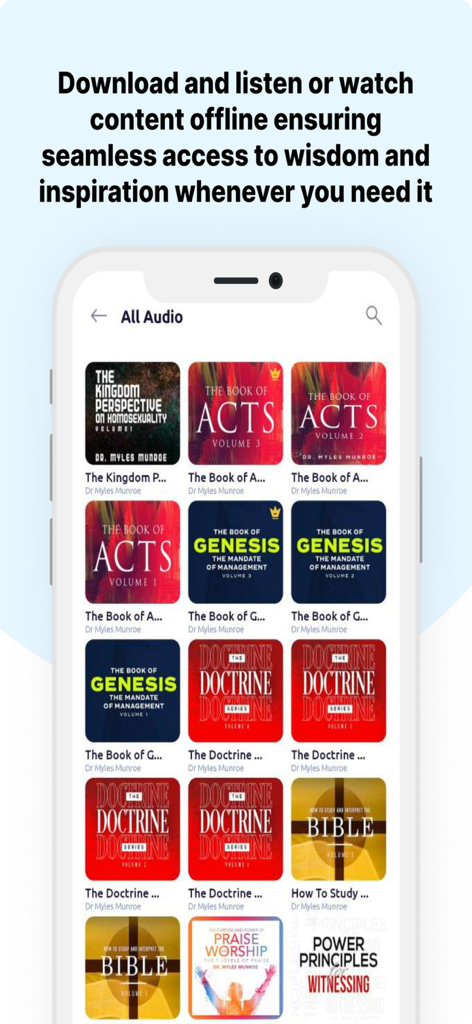Munroe Global Media - A library of audio teachings by Dr. Myles Munroe on the Munroe Global Media app showing series like The Book of Acts and Genesis
